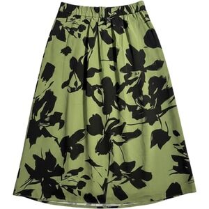 Green Black Floral Leaf Print Midi Skirt Elastic Waist Botanical Small 2342301